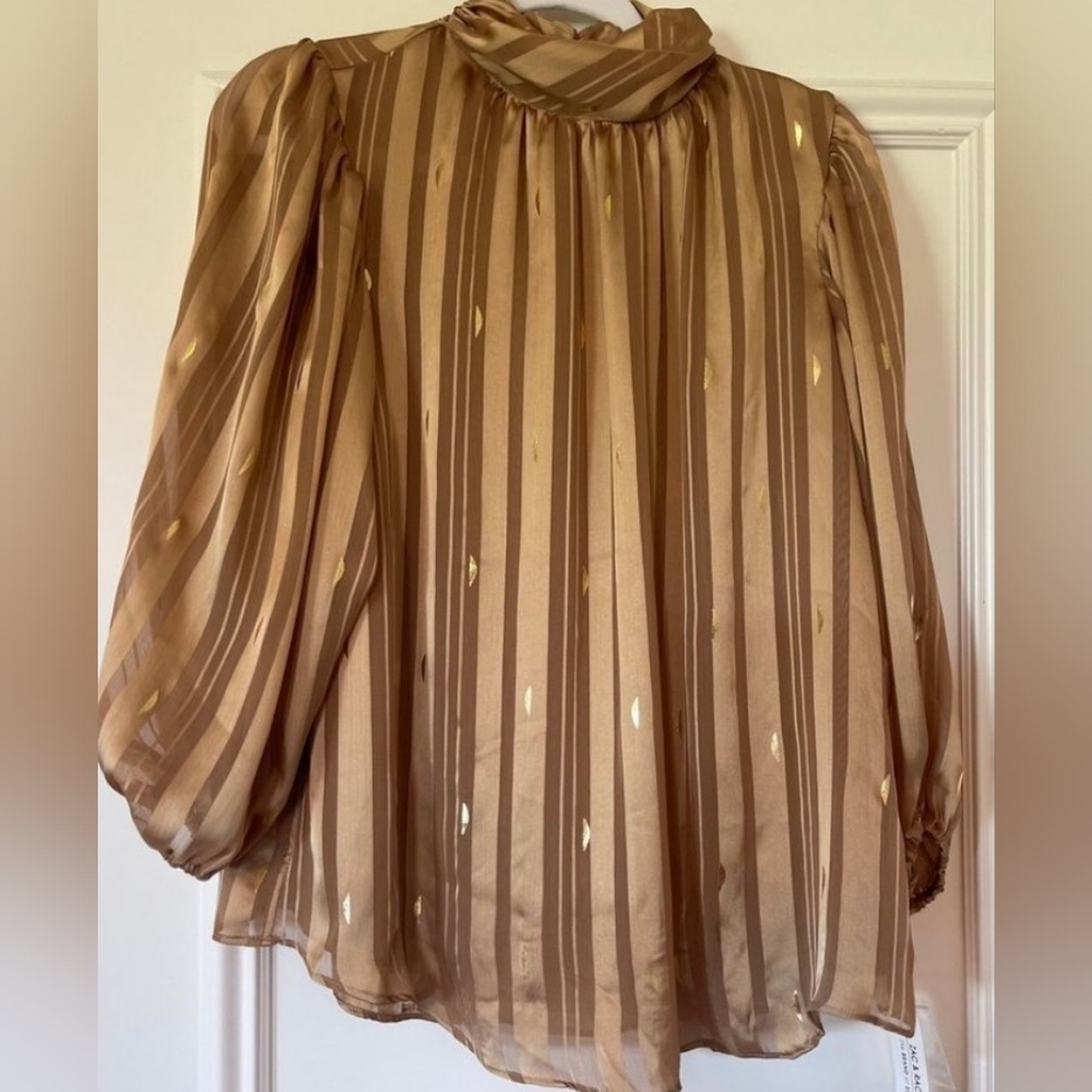 NWT Zac & Rachel Elegant Gold Foil & Brown Striped Women's Blouse Size M